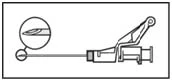 Technical drawing of a syringe with a thin needle and an enlarged detail of the sharp tip shown within a circle to illustrate its shape
