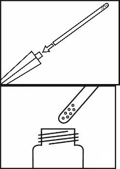 Medical diagram showing a syringe with needle approaching a glass vial with dotted rubber stopper