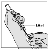 Dos manos sostienen una jeringa con la aguja apuntando hacia la piel, con un indicador que muestra la dosis de 1,0 ml