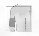 Dibujo esquemático en blanco y negro que muestra una sección del cuerpo humano con líneas curvas y una banda oscura rectangular en el lado izquierdo