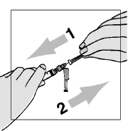 Dos manos ensamblan una jeringa con una aguja, con flechas numeradas 1 y 2 que indican el movimiento de inserción del componente en el cuerpo de la jeringa