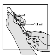Dos manos sostienen una jeringa graduada con el líquido alcanzando la marca de 1,1 ml para la preparación de la dosis médica