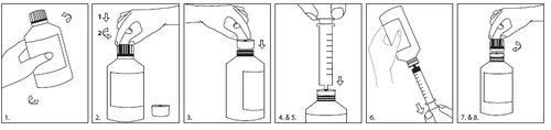 Sequence of illustrations showing how to unscrew the cap, remove the seal, insert a syringe into the vial, and aspirate the liquid