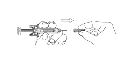 Dibujo técnico que muestra dos manos manipulando una jeringa con aguja y una flecha que indica el movimiento hacia la derecha