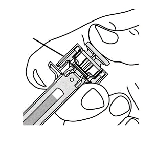 Dibujo técnico que muestra una mano sosteniendo una pluma inyectora para preparar la inyección