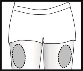 Schematic drawing of a lower torso with shorts and two dashed gray oval areas positioned on the thighs