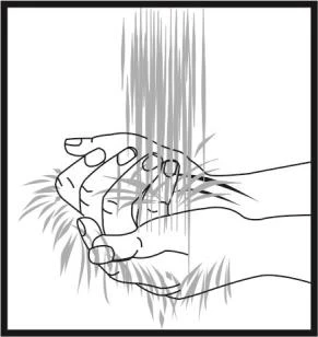 Black and white drawing of two hands interlacing and tightly gripping, with vertical and radial lines suggesting tension or pain