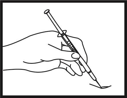 Black line drawing of a hand holding a syringe with needle to perform a