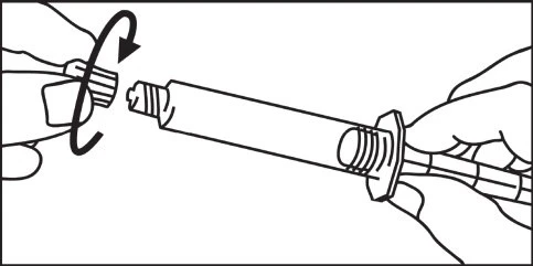 Dos manos que giran una parte cilíndrica de un dispositivo médico para atornillarla o desatornillarla siguiendo una flecha curva circular
