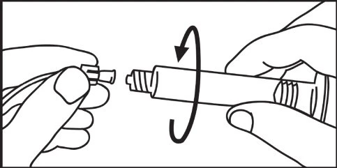 Dos manos que giran la parte superior de una pluma inyectora para preparar el dispositivo con una flecha curva que indica el movimiento