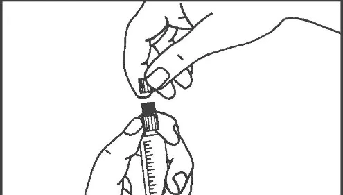 Dibujo de líneas negras que muestra dos manos retirando el tapón de un frasco médico para preparar el medicamento