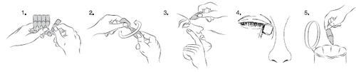 Sequence of five drawings showing how to open a medical device, press the button, and apply it to the