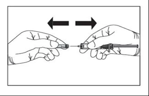 Two hands holding two parts of a syringe to assemble them, with black arrows indicating the approaching movement between the components