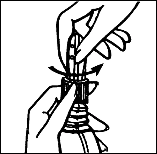 Two hands rotating a cap or cylindrical component around a medical device with a curved arrow indicating rotational movement