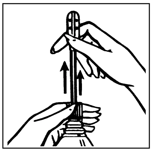 Two hands holding an injection pen with arrows pointing towards the tip