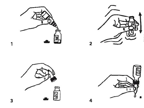 Diagrama en cuatro pasos que muestra cómo aspirar líquido de un frasco con una jeringa mediante una aguja