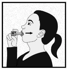Profile of a woman holding an inhaler near her mouth with a black arrow indicating the direction of
