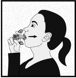 Black and white drawing of a woman holding an inhaler near her mouth with an arrow indicating the