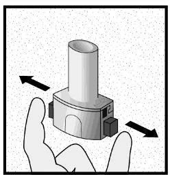 A hand holds a cylindrical medical device with black arrows indicating a lateral rotation movement to the left and right