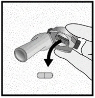A hand rotates the top part of a container to release a medicinal capsule downward in a curved motion indicated by an arrow