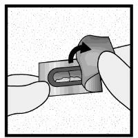 Two hands opening a plastic wrapper to remove a rectangular medical device with a transparent central part and a