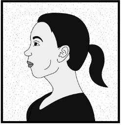 Stylized black and white drawing of a woman's profile with dark hair tied in a ponytail looking to the left