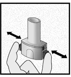 A hand holds an inhaler with black arrows indicating the lateral rotation movement of the device to prepare the medication