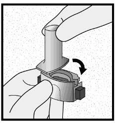 A hand rotates the upper part of a cylindrical medical device to the right to open or attach it to the lower base