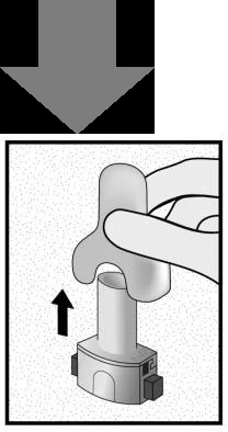 A hand holds an hourglass-shaped device inserting it toward the