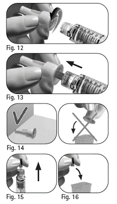 Secuencia de ilustraciones médicas que muestran cómo retirar la tapa, insertar la jeringa, colocar el frasco y aspirar el líquido