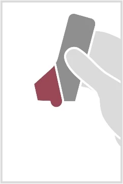A stylized hand holding a cylindrical container with a burgundy lower part on a white background