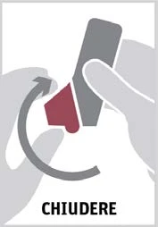 Stylized illustration of two hands rotating a medical device to the left with a curved arrow and the word CLOSE at the bottom