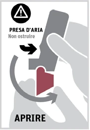 Diagram with danger warning showing how to rotate and open a medical device with two hands, avoiding blocking the air intake