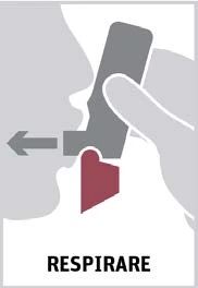 Profile of a face using an inhaler held by a hand, with an arrow indicating the direction of airflow