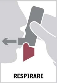 Profile of a face using an inhaler held by a hand with an arrow indicating the direction of use