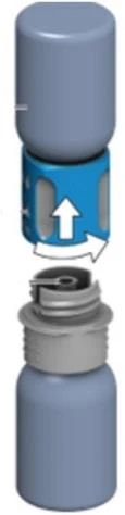 Illustration of a medical vial with a blue cap and a white arrow indicating rotational movement to open