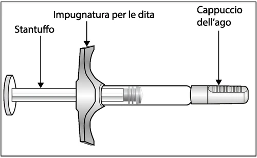 Diagrama de una jeringa con etiquetas que indican el émbolo, el cuerpo y la aguja