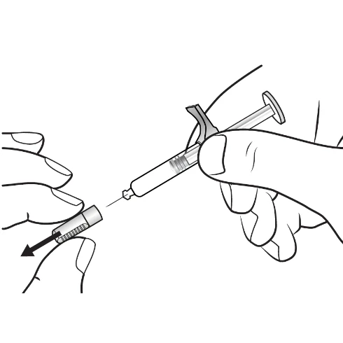 Dibujo en blanco y negro que muestra una mano sosteniendo una jeringa para inyectar un líquido en un dedo sostenido por otra mano