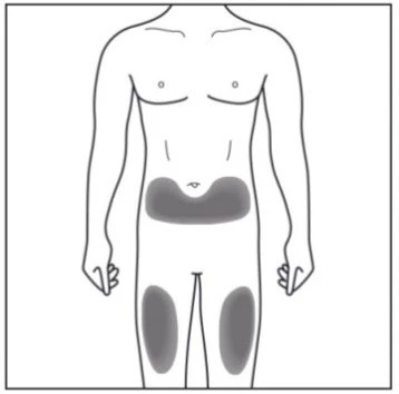 Dibujo esquemático de un cuerpo masculino con áreas grises resaltadas en la parte inferior del abdomen