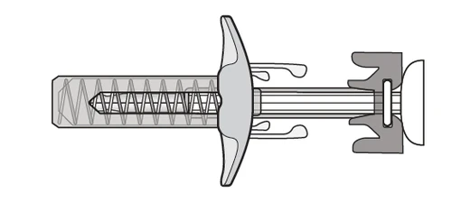 Diagrama técnico en blanco y negro de un dispositivo médico con un resorte interno, un pistón y una estructura central en forma de ala
