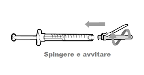 Diagram przedstawiający strzykawkę wprowadzaną i dokręcaną do konektora ze strzałkami kierunkowymi i napisem 'Wciśnij i dokręć'