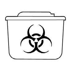 Białe pudełko z płaską pokrywką z czarnym symbolem zagrożenia biologicznego w środku do usuwania odpadów medycznych