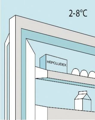 Стилизованная схема белых полок с коробками препарата Hepcludex и указанием температуры хранения от 2 до 8 градусов Цельсия