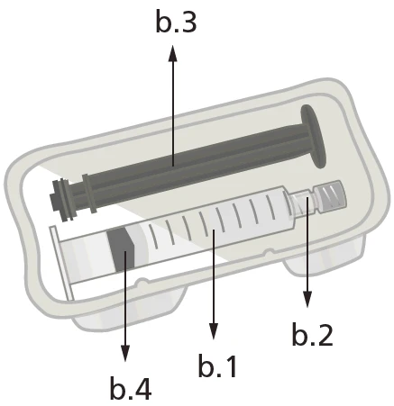 Diagrama de una jeringa con etiquetas b.1 en el cuerpo, b.2 en la tapa de la