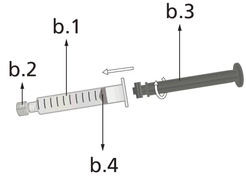 Diagrama de una jeringa desmontada con flechas y códigos b.1 en el cuerpo, b.2 en la punta, b.3 en el émbolo y b.4 en el cilindro transparente