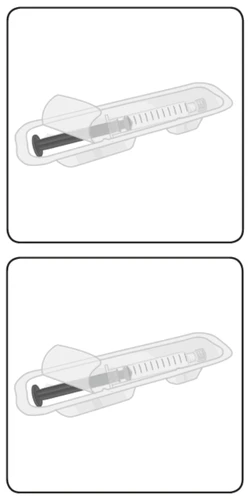 Dos diagramas que muestran una jeringa con aguja y émbolo negro alojada en la
