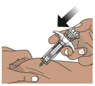A hand holds an auto-injector at an angle while the