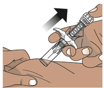 A hand holds an injection pen tilted while the