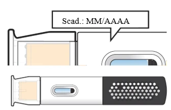 Technical diagram of a medical device indicating expiration date MM/YYYY and a section with white circular holes on black background