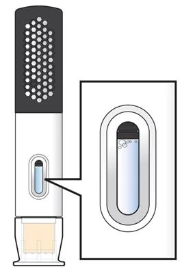 Technical diagram of a medical device with magnification of a transparent window showing the liquid contained within